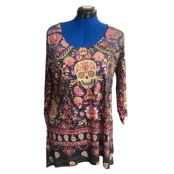 ONE WORLD Women’s Skull & Floral Tunic  Size Large Purple Asymmetrical Hem - Picture 1 of 12